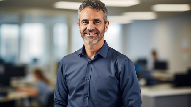 Smiling businessman standing in front of team in the office