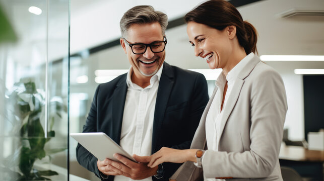 Portrait of successful business people holding tablet discuss business issues in the office