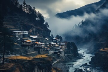 Fototapeta premium Landscape of Himalayas mountains with river and village in Nepal, village in the mountains, AI Generated