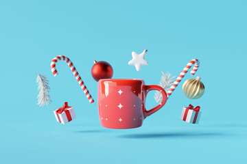 Red mug with Christmas decorations on blue background. 3d rendering