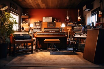 Musical instruments in a music room. Musical instruments in a music room, Vintage music recording studio with amps and synthesizer, AI Generated - obrazy, fototapety, plakaty