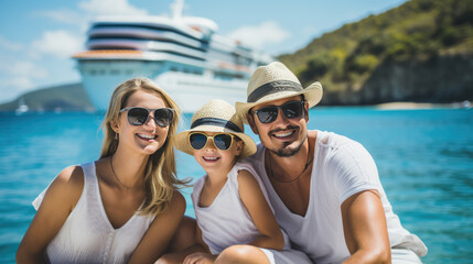 A young family with father mother child on vacation with a cruise ship in the background - obrazy, fototapety, plakaty