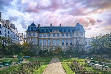 Paris, France, the Picasso museum in the Marais, beautiful mansion, view from the public garden
