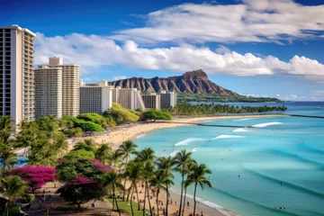 Foto auf Acrylglas Sonnenuntergang am Strand Panoramic view of Waikiki Beach, Honolulu, Oahu, Hawaii, Waikiki Beach and Diamond Head Crater including the hotels and buildings in Waikiki, Honolulu, Oahu island, Hawaii, AI Generated