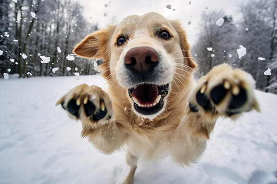 Fluffy human friend happy dog playing in the snow posing running outdoors Generative AI picture