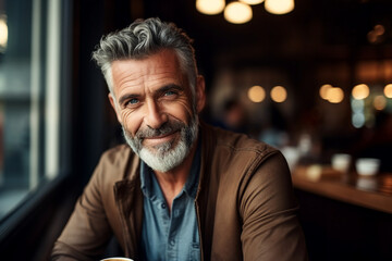 Obraz premium Generative AI portrait of confident city citizen person enjoying weekend time drinking coffee in modern cafe