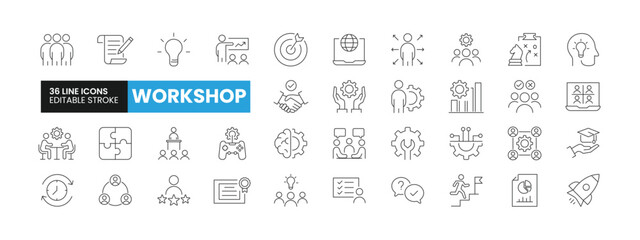 Set of 36 Business Workshop line icons set. Workshop outline icons with editable stroke collection. Includes Presentation, Managing, Innovation, Goal, Meeting, and More.