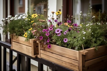 Fototapeta na wymiar Balcony boxes flowers warm garden. Veranda blossoms residence vibrant harvest. Generate Ai