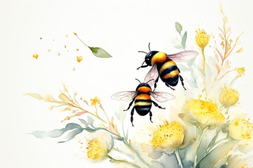 watercolor painting of bees, flowers and leaves, on white background, Watercolor Bumblebees Hand Painted Summer Illustration, AI Generated - obrazy, fototapety, plakaty