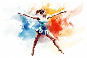 Fototapeta na wymiar Beautiful young woman dancing ballet in watercolor splashes background, watercolor design of a female olympic gymnast, AI Generated