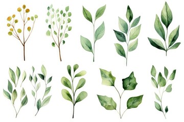 Set of watercolor green leaves on white background. Vector illustration, Watercolor floral illustration set - green leaf branches collection, AI Generated - obrazy, fototapety, plakaty