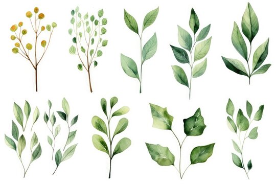 Set of watercolor green leaves on white background. Vector illustration, Watercolor floral illustration set - green leaf branches collection, AI Generated