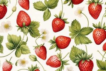Seamless pattern with strawberries and leaves on a white background, Watercolor illustration of strawberries arranged horizontally in a seamless pattern with frame decoration, AI Generated - obrazy, fototapety, plakaty