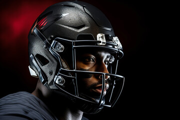 American football player of African descent in dark uniform and helmet on a dark background