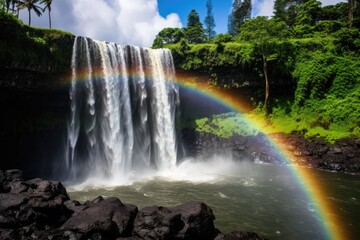Rainbow over Skogafoss waterfall in South Iceland, Europe, Waterfall in Kauai With Rainbow and Bird Overhead, AI Generated