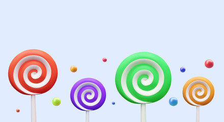 Horizontal banner with spiral round lollipops of different colors. Bright creative design. Concept of holiday, day of sweets. National Candy Day. Cute vector