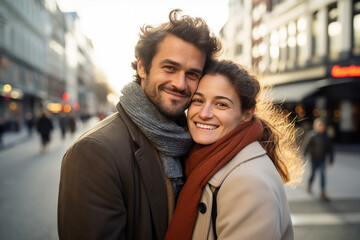 Fototapeta premium Photography generative AI concept of handsome man and charming girl in love walking together on an evening date