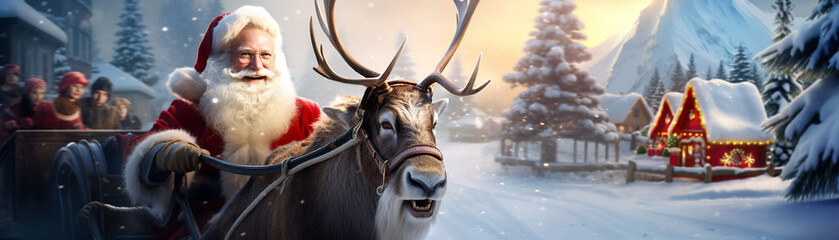 People wondering while a happy old smiling Santa Claus riding his sleigh pulled by a reindeer in a small snowy town in the mountains. Extra wide banner image created with Generative AI technology - obrazy, fototapety, plakaty