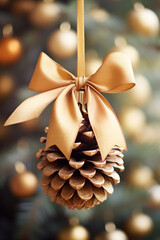 Close-up of christmas decoration pinecone with golden bow.Natural colors.