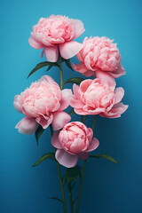 Bouquet of pastel pink flowers on a blue background.