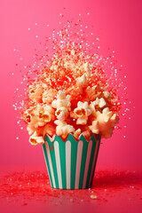 Exploding popcorn on a pink background.Bold colors.Pink and green color combination.
