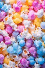 Flat lay background of colorful popcorns.Pastel colors.