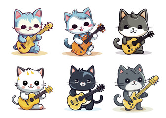 Obraz premium Cute cat with guitar cartoon vector illustration