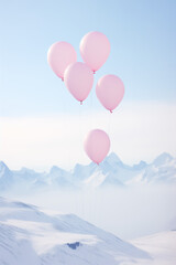 Pink balloons flying in the sky above snowy mountain tops.Pastel colors.Minimalistic concept.Beautiful landscape.