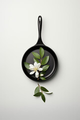 Jasmin flower in a frying pan on a nature white background.Minimalistic concept.