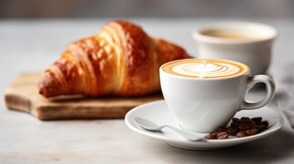 Cup of coffee accompanied by a fresh croissant and scattered coffee beans on a wooden table