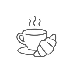 Coffee and croissant icon. Simple outline style. Bread, pastry, crescent, food and drink concept. Thin line symbol. Vector illustration isolated. Editable stroke.