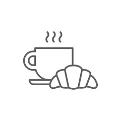 Coffee and croissant icon. Simple outline style. Bread, pastry, crescent, food and drink concept. Thin line symbol. Vector illustration isolated. Editable stroke.