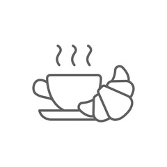 Coffee and croissant icon. Simple outline style. Bread, pastry, crescent, food and drink concept. Thin line symbol. Vector illustration isolated. Editable stroke.