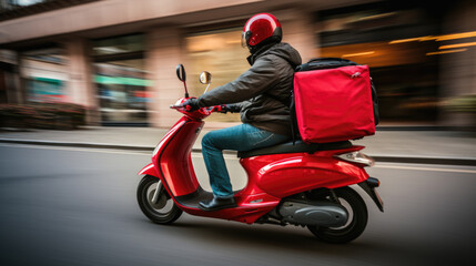 Delivery person in a red uniform and helmet, riding a red scooter and carrying an insulated delivery backpack, captured in motion on a city street.