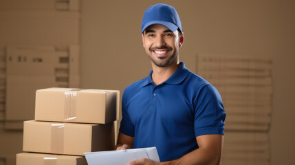 Smiling delivery man in a blue uniform and cap is holding packaged box, ready for delivery.