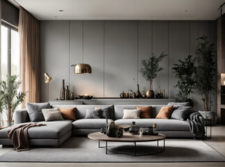 Large and aesthetic modern living room interior. The fully furnished living room interior is comfortable and elegant