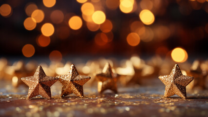 Golden glitter stars on a reflective surface with a soft bokeh light background