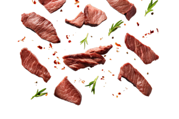 Collection Of Grilled Beef Slices Flying Scattered On Transparent Background