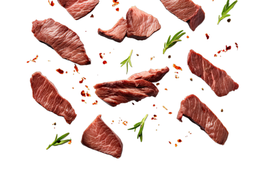Collection Of Grilled Beef Slices Flying Scattered On Transparent Background