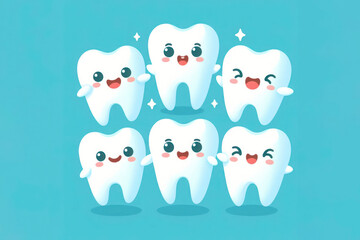 Obraz premium bright picture of white cute funny smiling tooth characters with faces isolated on blue color background. ai generative