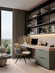 A desk area with a computer, calm atmosphere, home office, modern