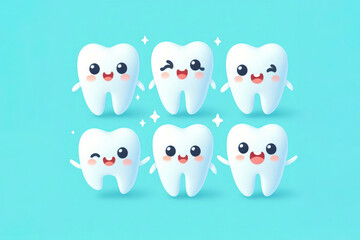 Obraz premium bright picture of white cute funny smiling tooth characters with faces isolated on blue color background. ai generative