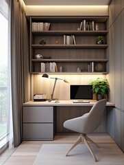 A desk area with a computer, calm atmosphere, home office, modern