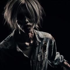 Close up zombie walking black background. ai generative