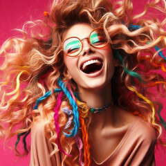 Fototapeta premium portrait of a curly haired girl with tousled locks, donning multicolored strands and glasses. ai generative