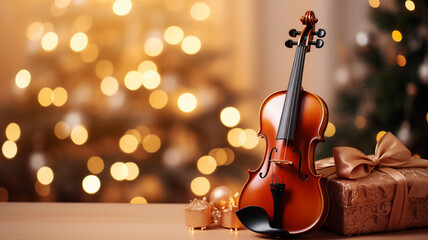 violin with christmas background