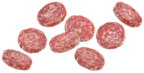 Slices of traditional Italian salami isolated on white background