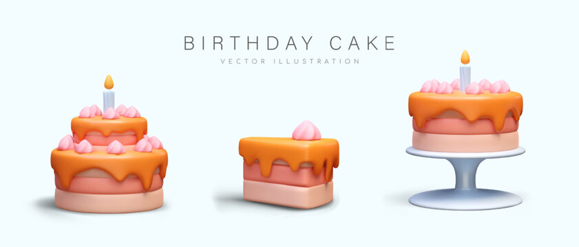 Set of birthday cakes in cartoon style. Realistic whole cake and slice, dessert on stand. Festive pastries decorated with cream and glaze. Isolated colored vector illustration for creative web design