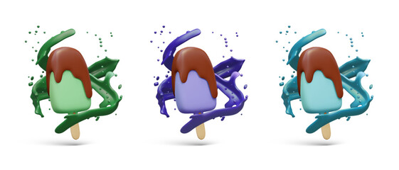 Popsicle set with chocolate topping. Ice cream of different colors with brown glaze. Realistic image, dynamic effect. Commercial templates on white background. Assortment of cold desserts