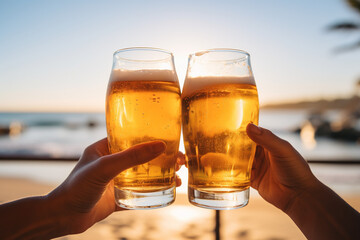 Refreshing cold beer. Hands of a young couple toasting with a glass of beer at sunset on the beach.